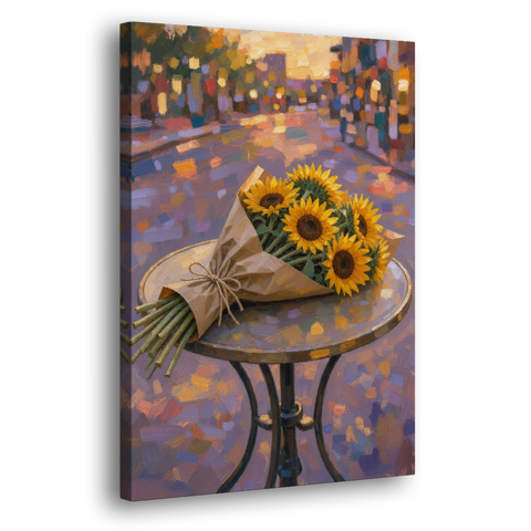 Sunflower Bouquet Painting on a Café Table - Canvas Wall Art