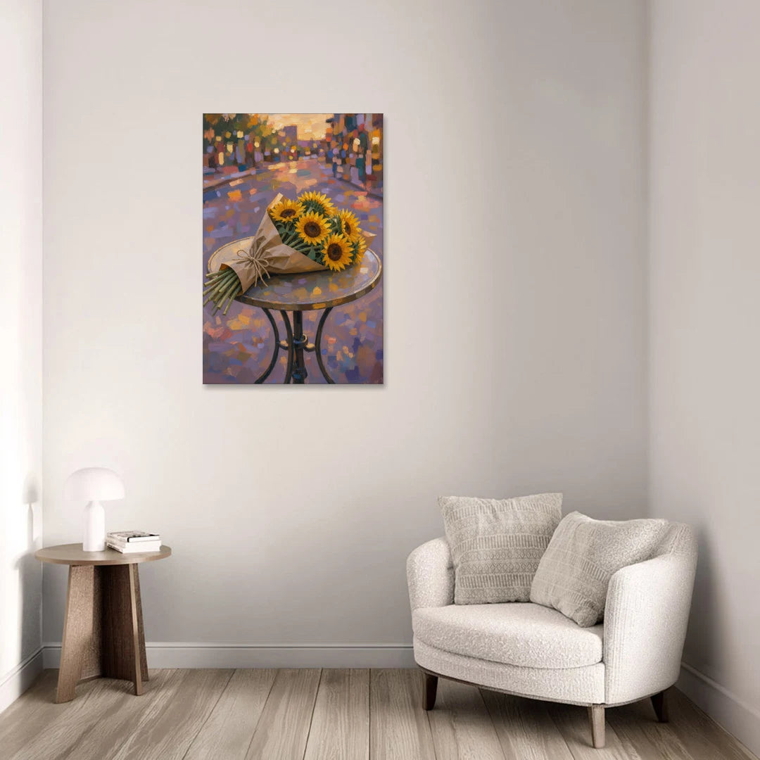 Sunflower Bouquet Painting on a Café Table - Canvas Wall Art - Sofa - 24x36