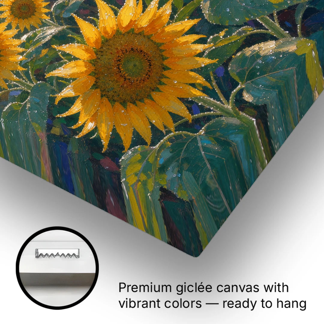 Sunflower Field Canvas at Dewy Sunrise - Canvas Wall Art - Gallery Wrap Corner