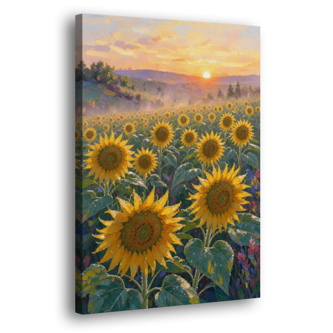 Sunflower Field Canvas at Dewy Sunrise - Canvas Wall Art