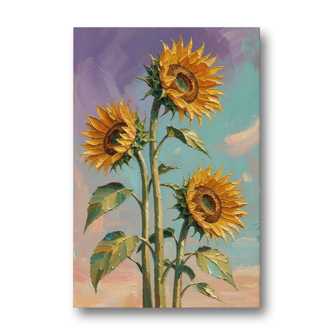Sunflower Oil Painting Against a Violet Sky - Canvas Wall Art - Front