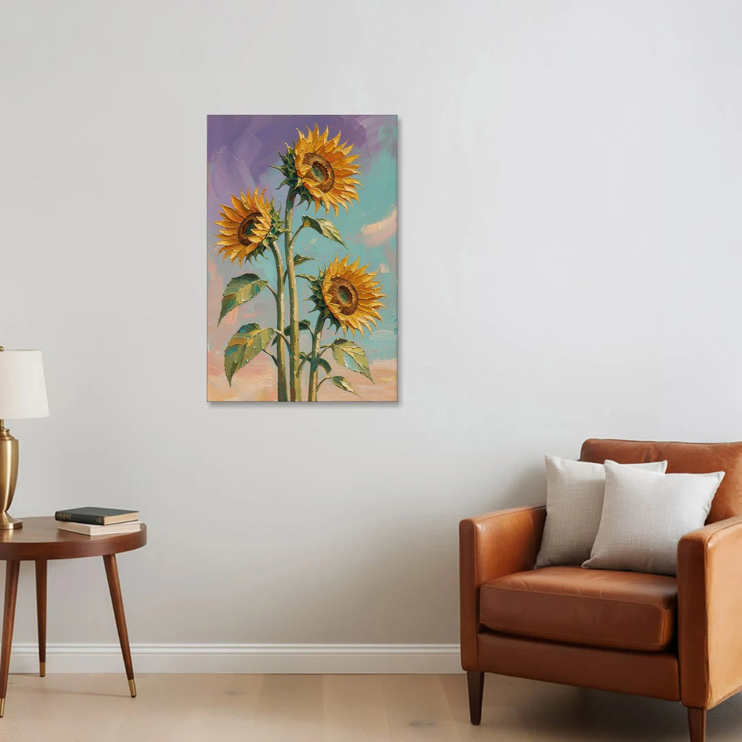 Sunflower Oil Painting Against a Violet Sky - Canvas Wall Art - Sofa - 24x36