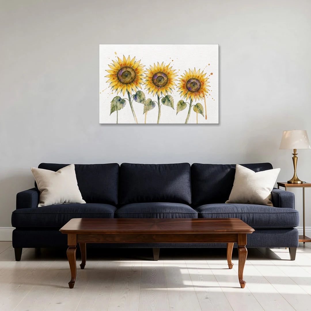 Sunflower Watercolor Painting with Amber Splashes - Canvas Wall Art - Sofa - 36x24