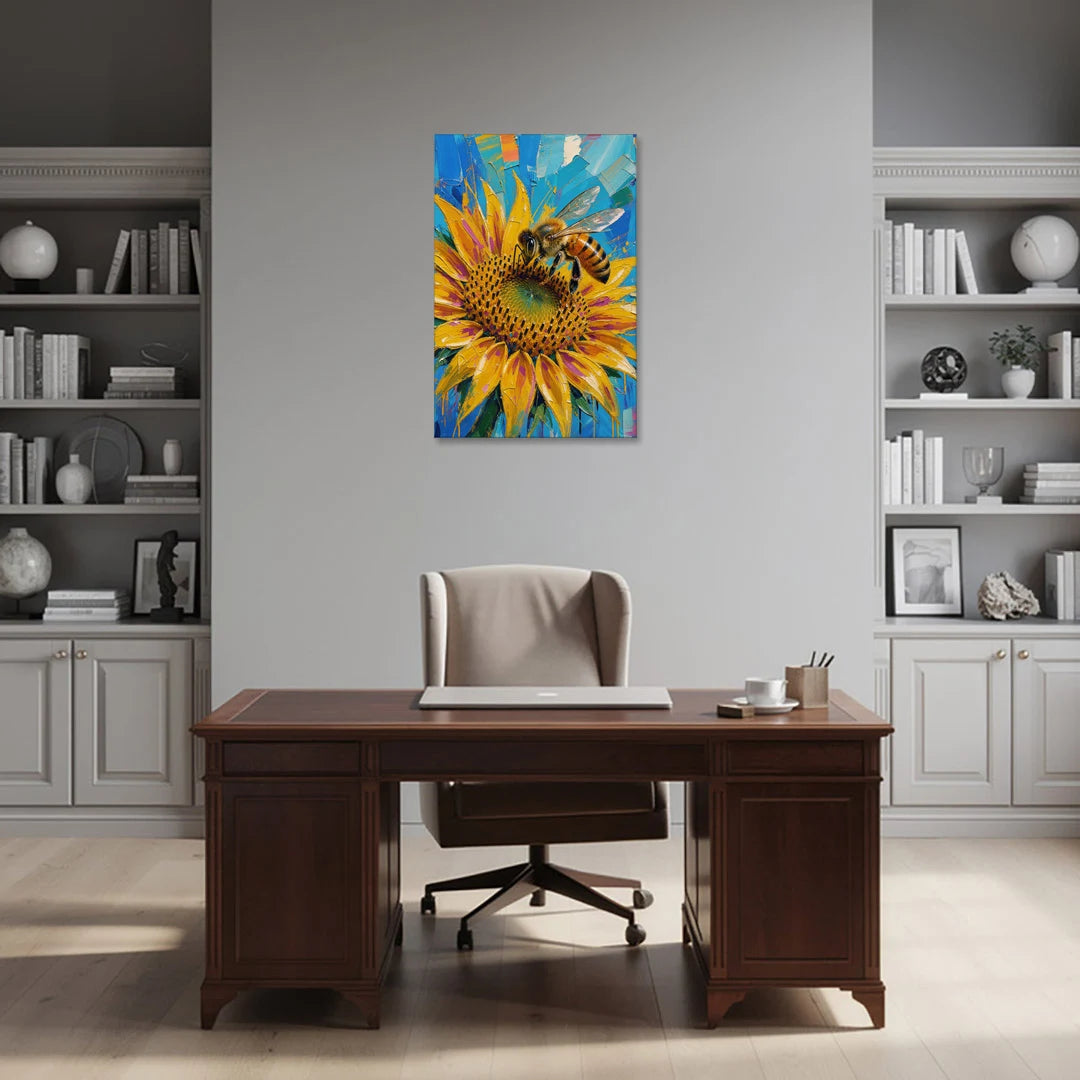 Sunflower and Bee in Bold Color - Canvas Wall Art - Office - 24x36