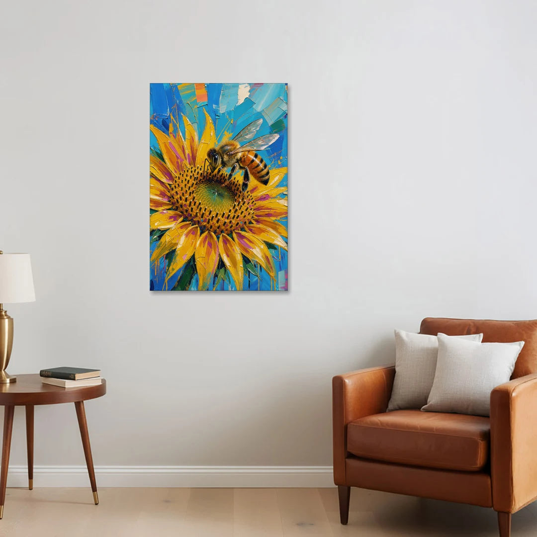 Sunflower and Bee in Bold Color - Canvas Wall Art - Sofa - 24x36
