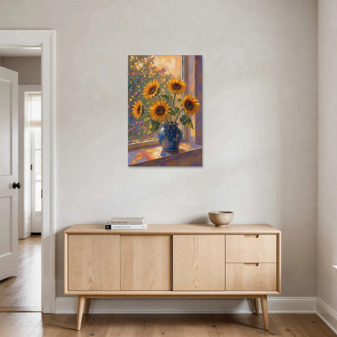 Sunflowers in Vase Painting by the Window - Canvas Wall Art - Coffee Table - 24x36