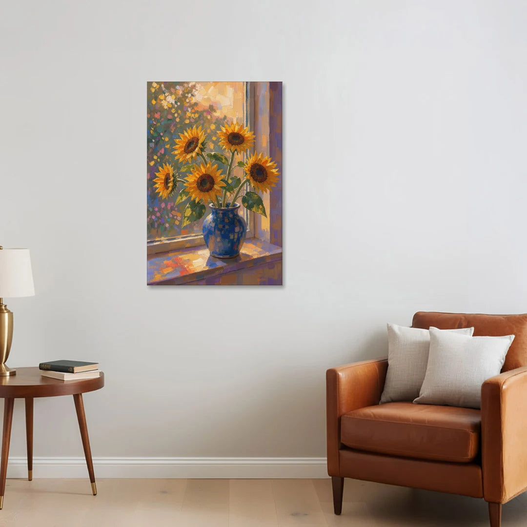 Sunflowers in Vase Painting by the Window - Canvas Wall Art - Sofa - 24x36