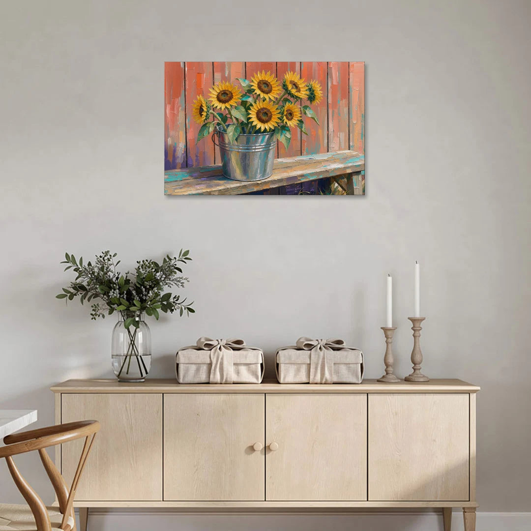 Sunflowers in a Tin Bucket - Canvas Wall Art - Coffee Table - 36x24
