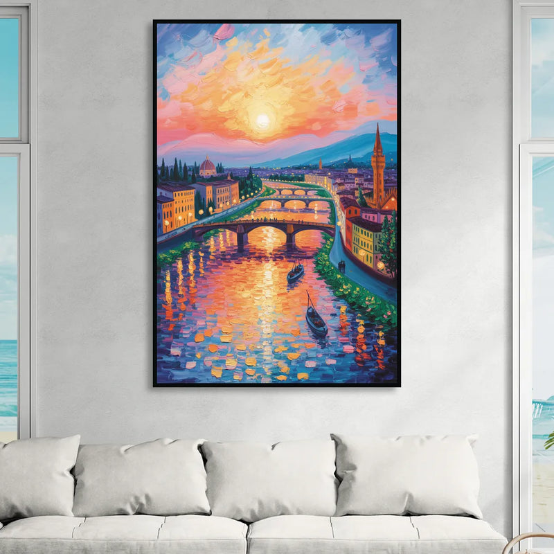 Sunset Over Arno Living Room - Black Canvas Wall Art