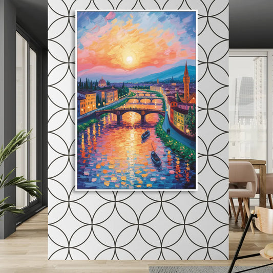 Sunset Over Arno Living Room - White Canvas Wall Art