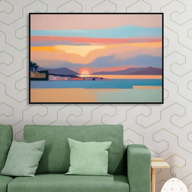 Sunset over Palma Bay Living Room - Black Canvas Wall Art