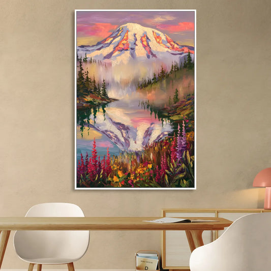 Tacoma Mount Rainier Reflection Living Room - White Canvas Wall Art