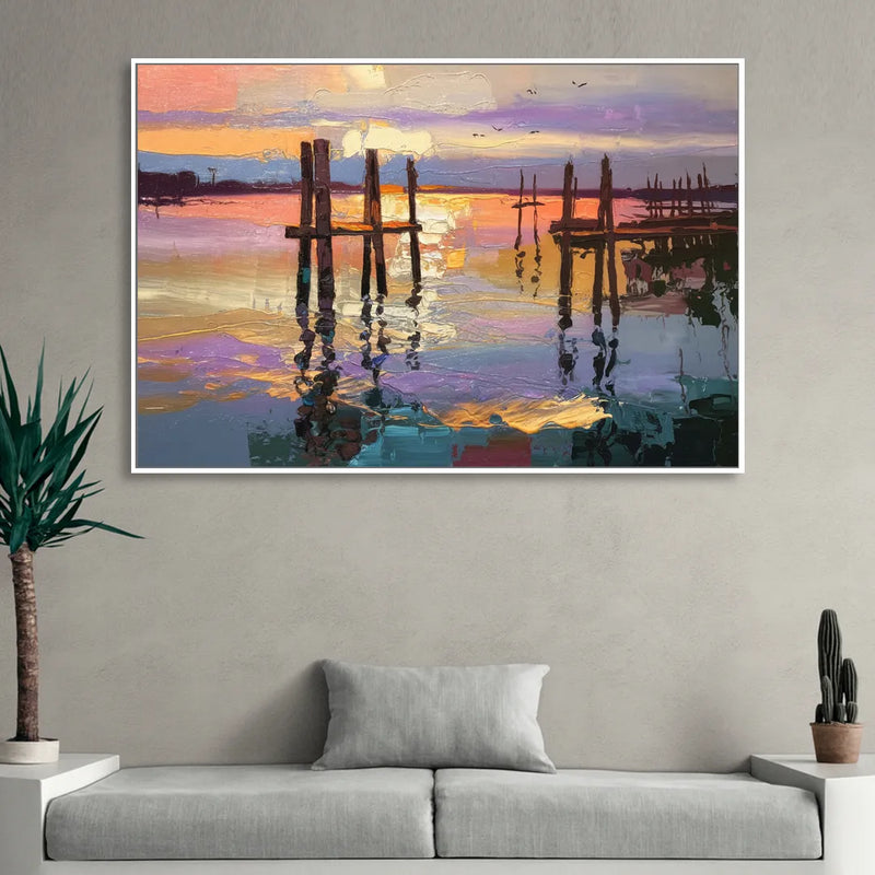 Tacoma Waterfront Sunset Living Room - White Canvas Wall Art