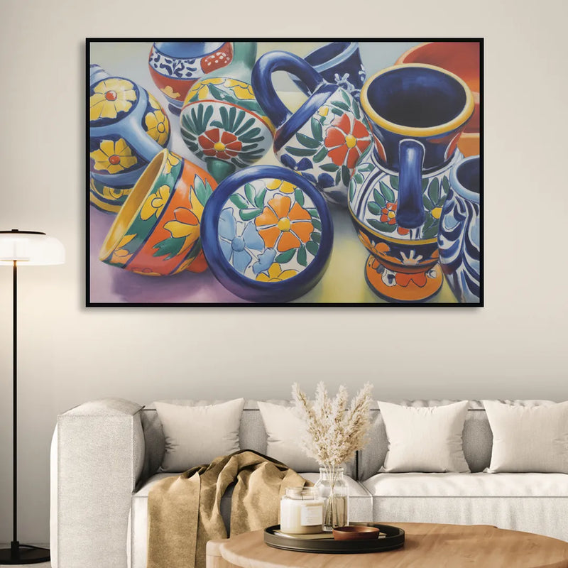 Talavera Pottery Colors Living Room - Black Canvas Wall Art