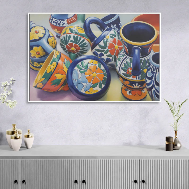 Talavera Pottery Colors Living Room - White Canvas Wall Art
