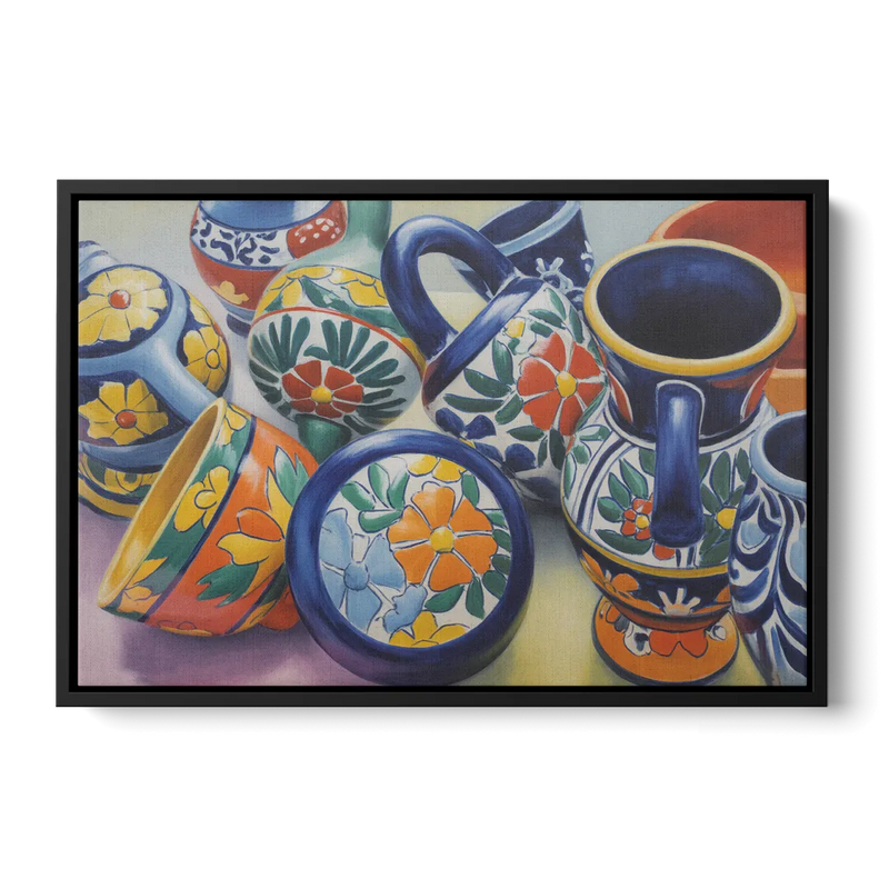 Talavera Pottery Colors Front - Black Canvas Wall Art