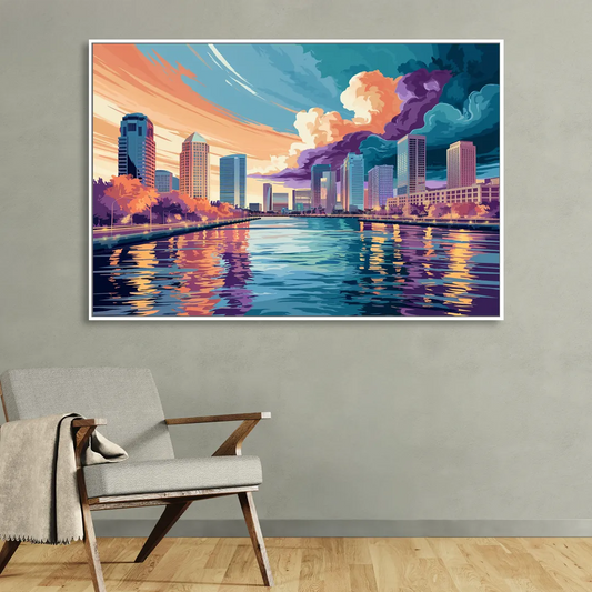 Tampa Bay Skyline Panorama Living Room - White Canvas Wall Art