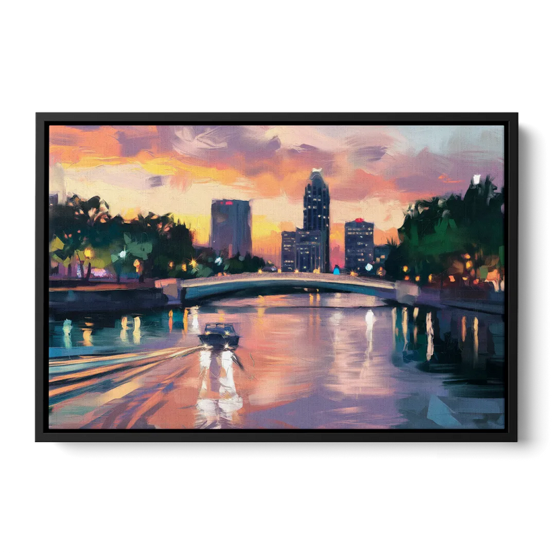 Tampa Riverwalk Evening Glow Front - Black Canvas Wall Art