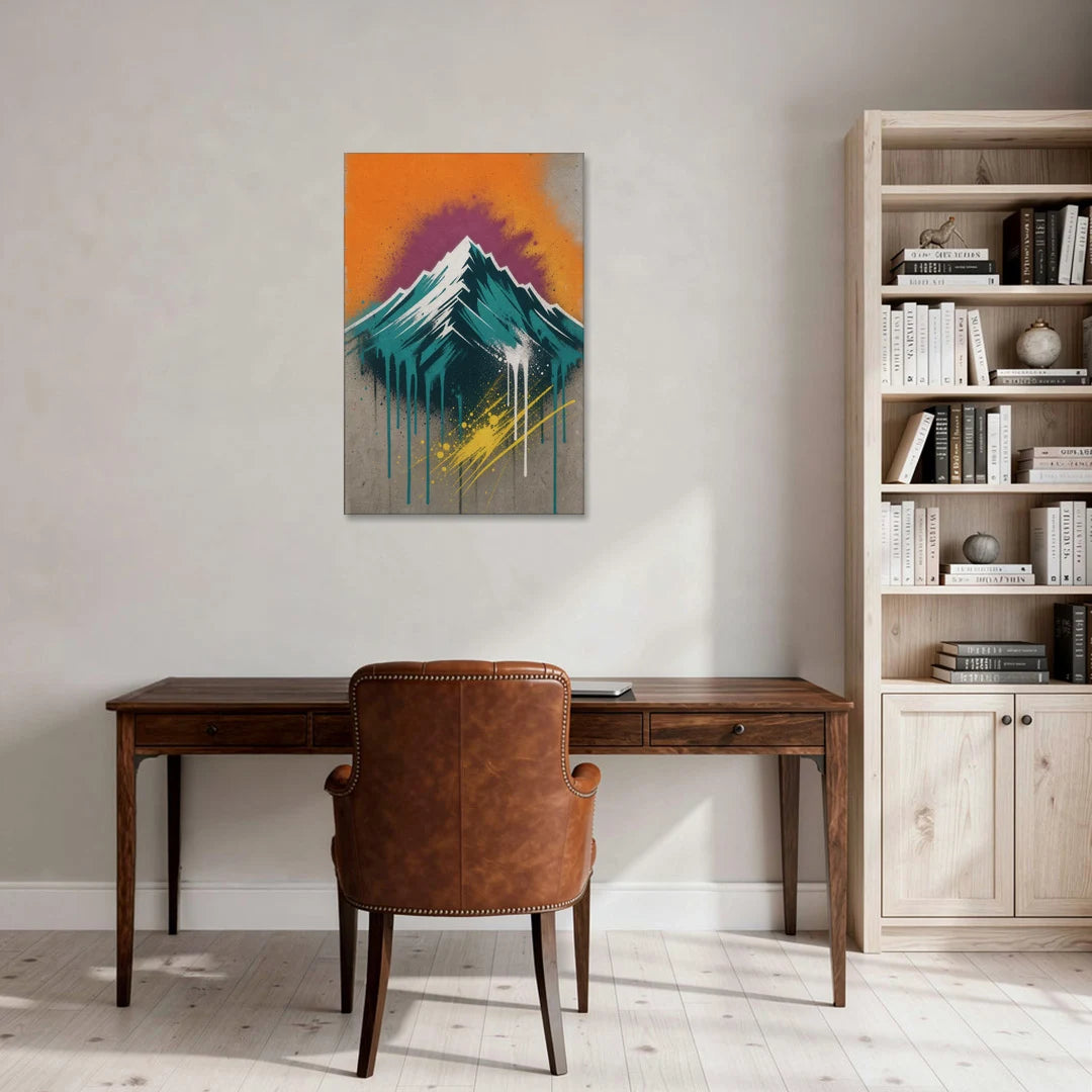 Teal Drip Mountain Under Orange Sky - Canvas Wall Art - Office - 24x36
