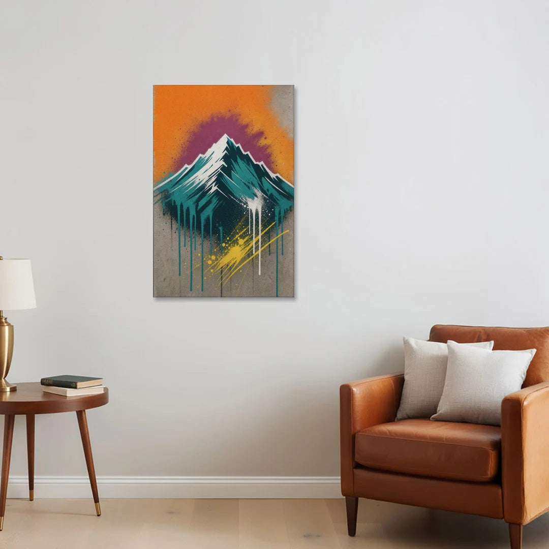 Teal Drip Mountain Under Orange Sky - Canvas Wall Art - Sofa - 24x36
