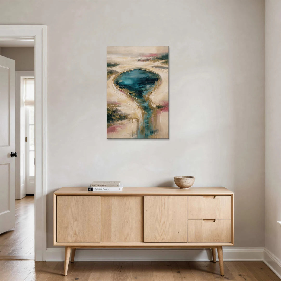 Teal Lagoon With Gold Drip Outflow - Canvas Wall Art - Coffee Table - 24x36