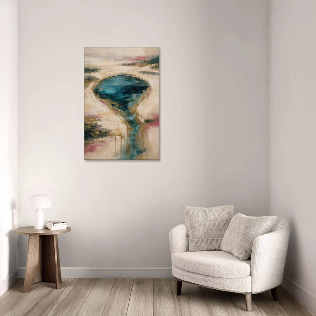 Teal Lagoon With Gold Drip Outflow - Canvas Wall Art - Sofa - 24x36