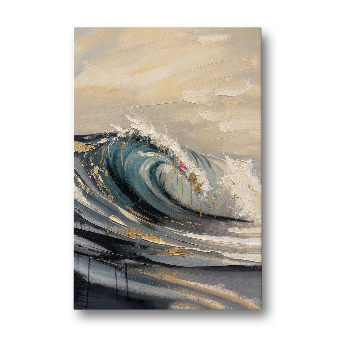 Teal Wave Curl with Gold Drips - Canvas Wall Art - Front