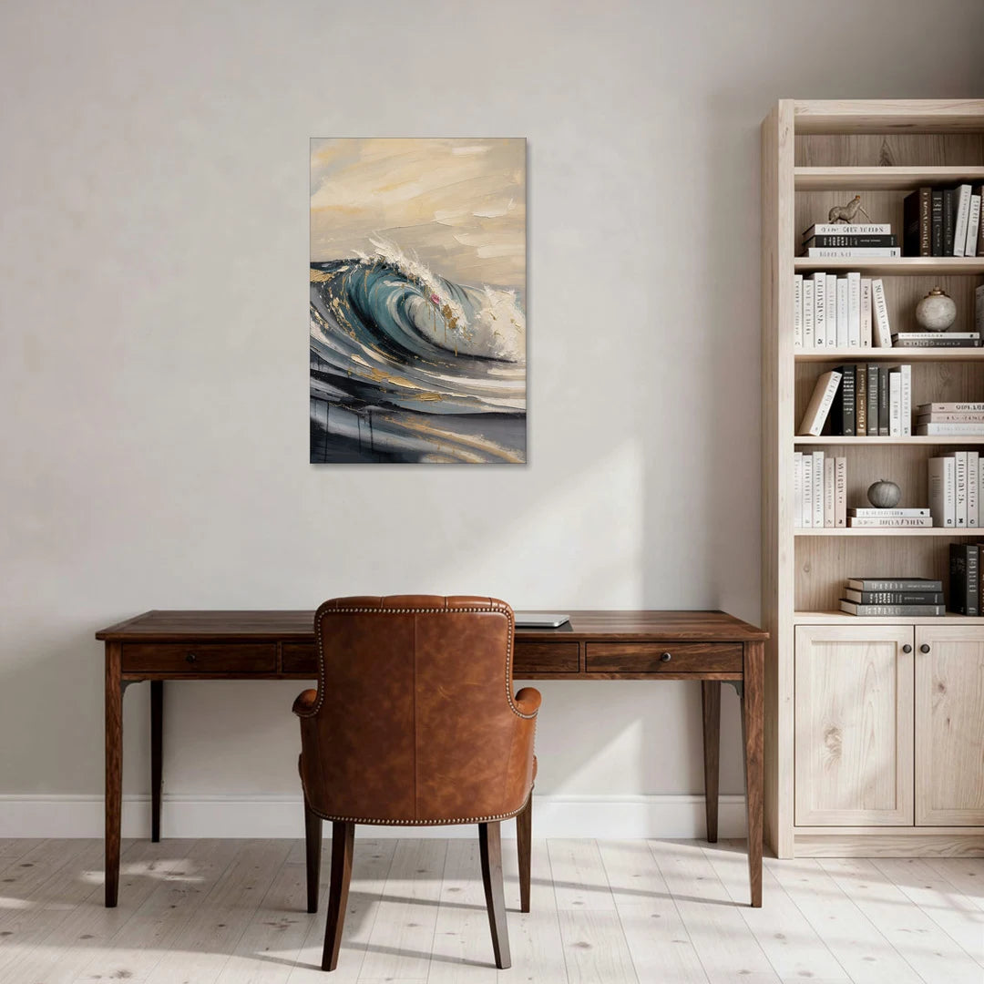 Teal Wave Curl with Gold Drips - Canvas Wall Art - Office - 24x36
