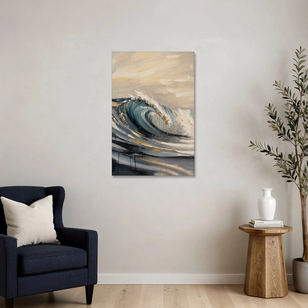 Teal Wave Curl with Gold Drips - Canvas Wall Art - Sofa - 24x36