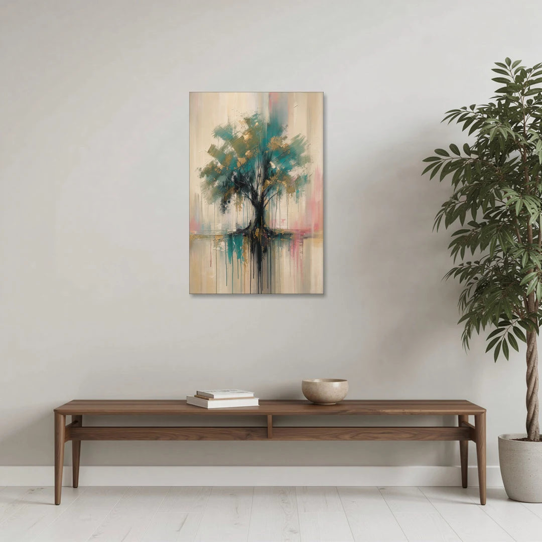 Teal and Gold Tree With Dripping Roots - Canvas Wall Art - Coffee Table - 24x36