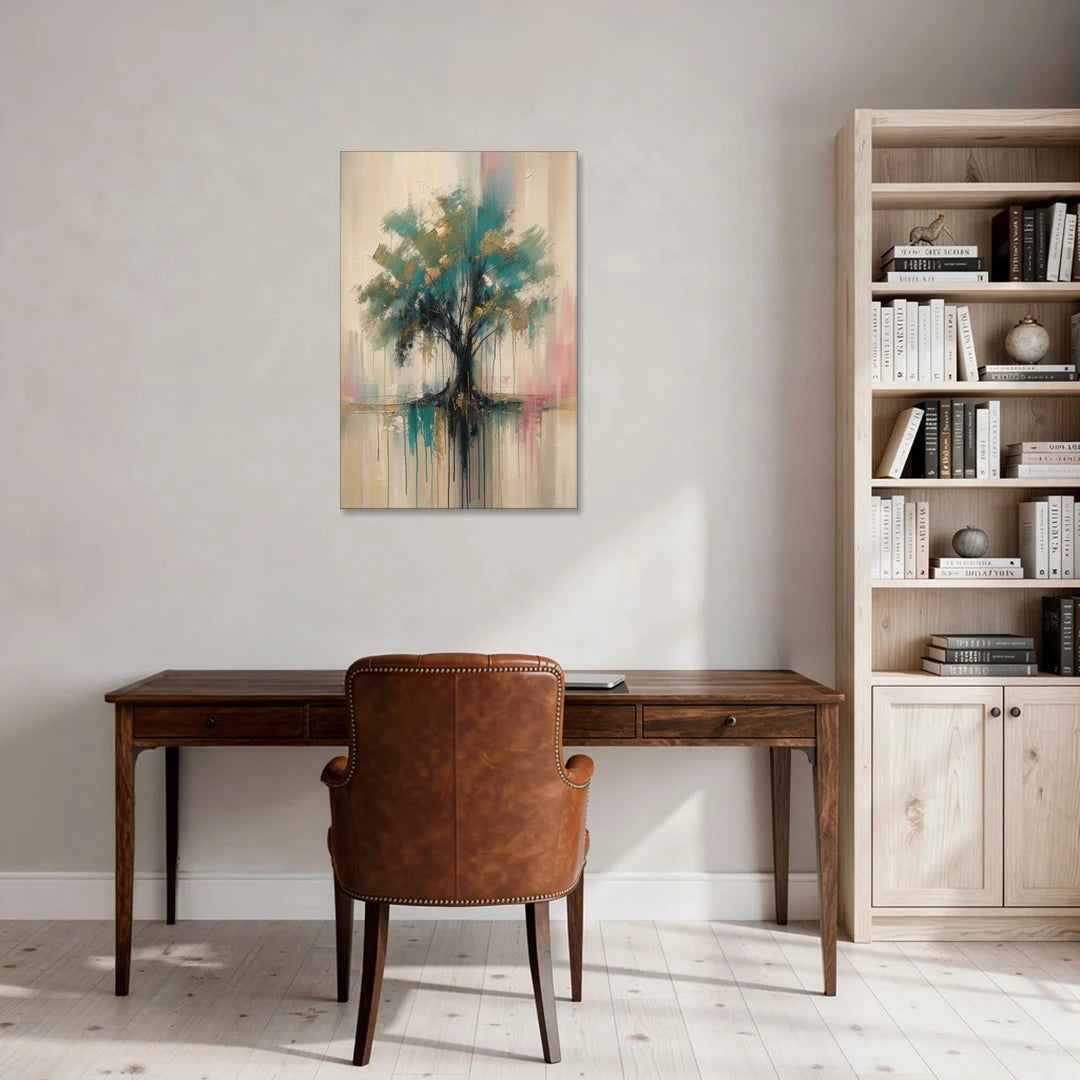 Teal and Gold Tree With Dripping Roots - Canvas Wall Art - Office - 24x36