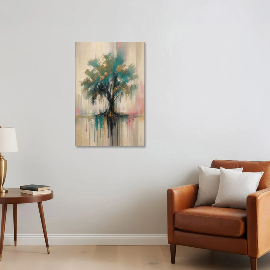 Teal and Gold Tree With Dripping Roots - Canvas Wall Art - Sofa - 24x36