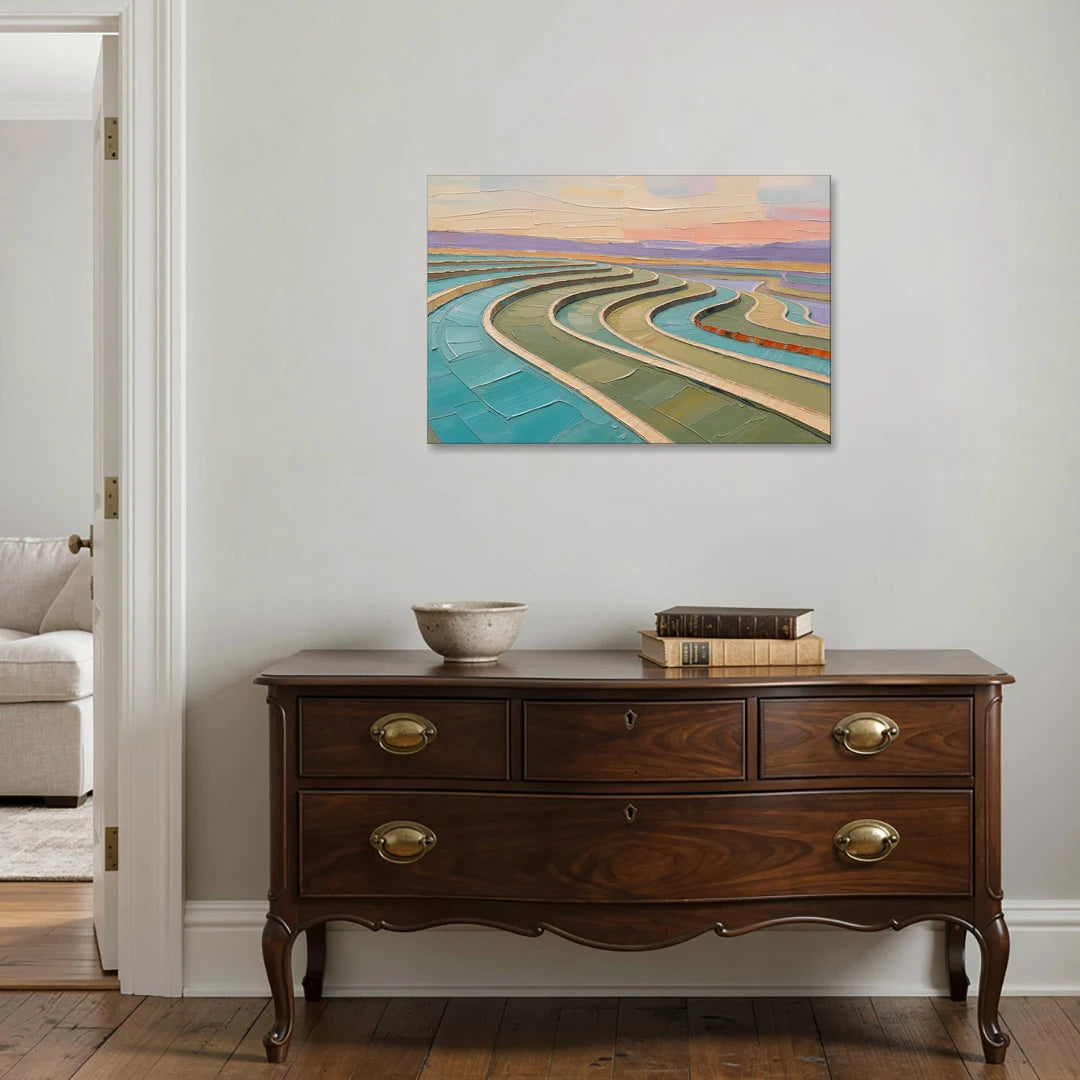 Teal and Sage Terraced Fields Abstract Landscape - Canvas Wall Art - Coffee Table - 36x24