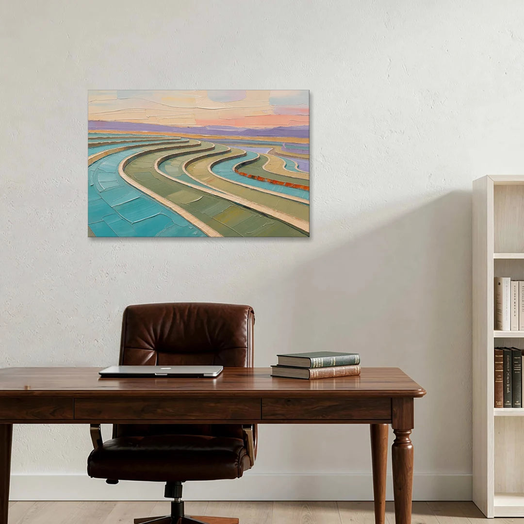 Teal and Sage Terraced Fields Abstract Landscape - Canvas Wall Art - Office - 36x24