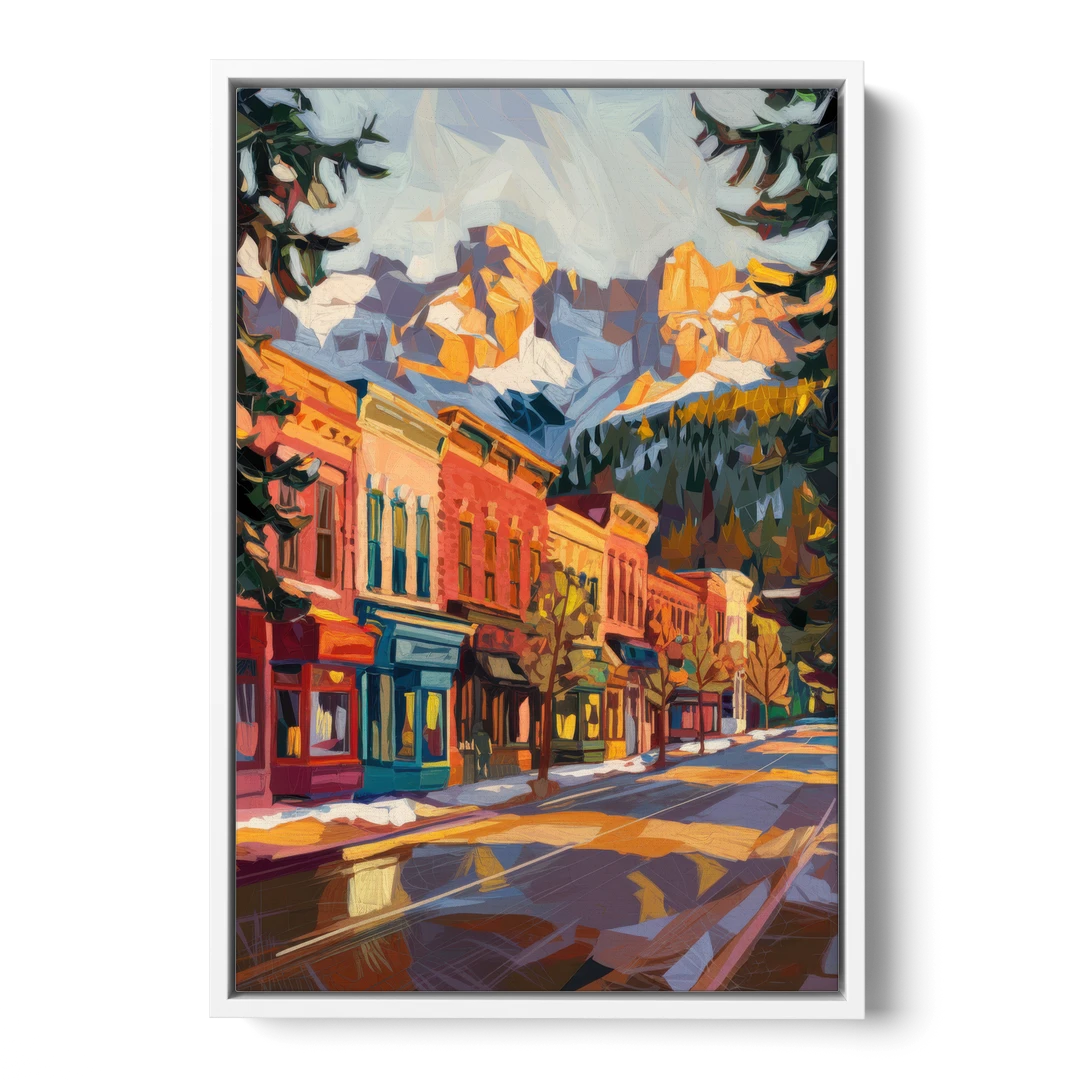 Telluride Downtown Charm - White Framed Canvas Wall Art - Front