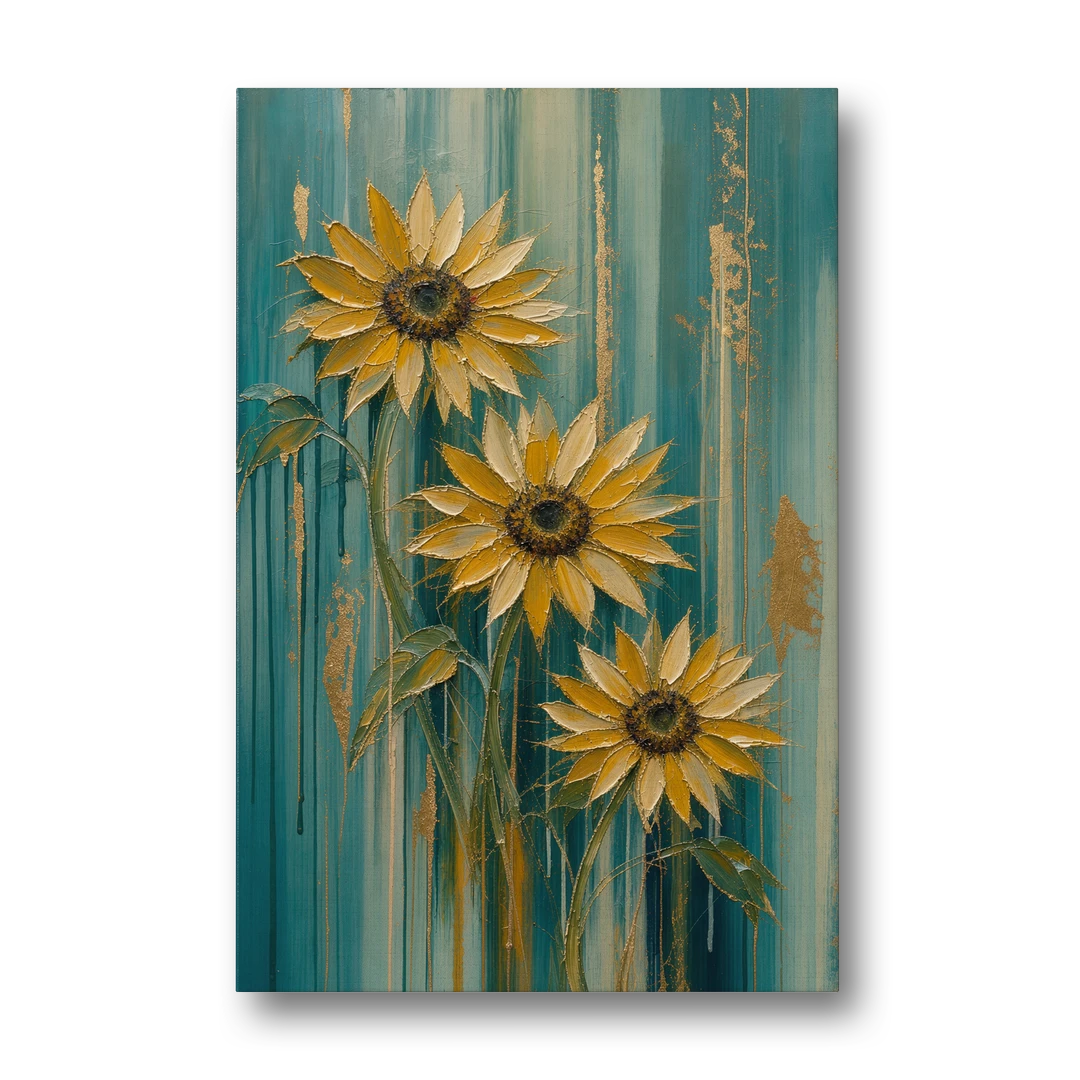 Textured Sunflower Painting in Teal and Gold - Canvas Wall Art - Front