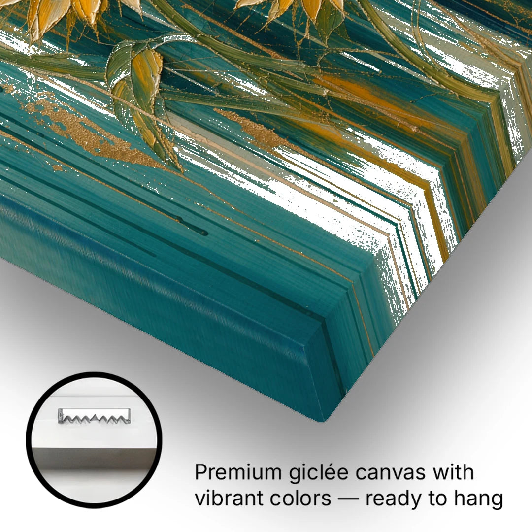Textured Sunflower Painting in Teal and Gold - Canvas Wall Art - Gallery Wrap Corner