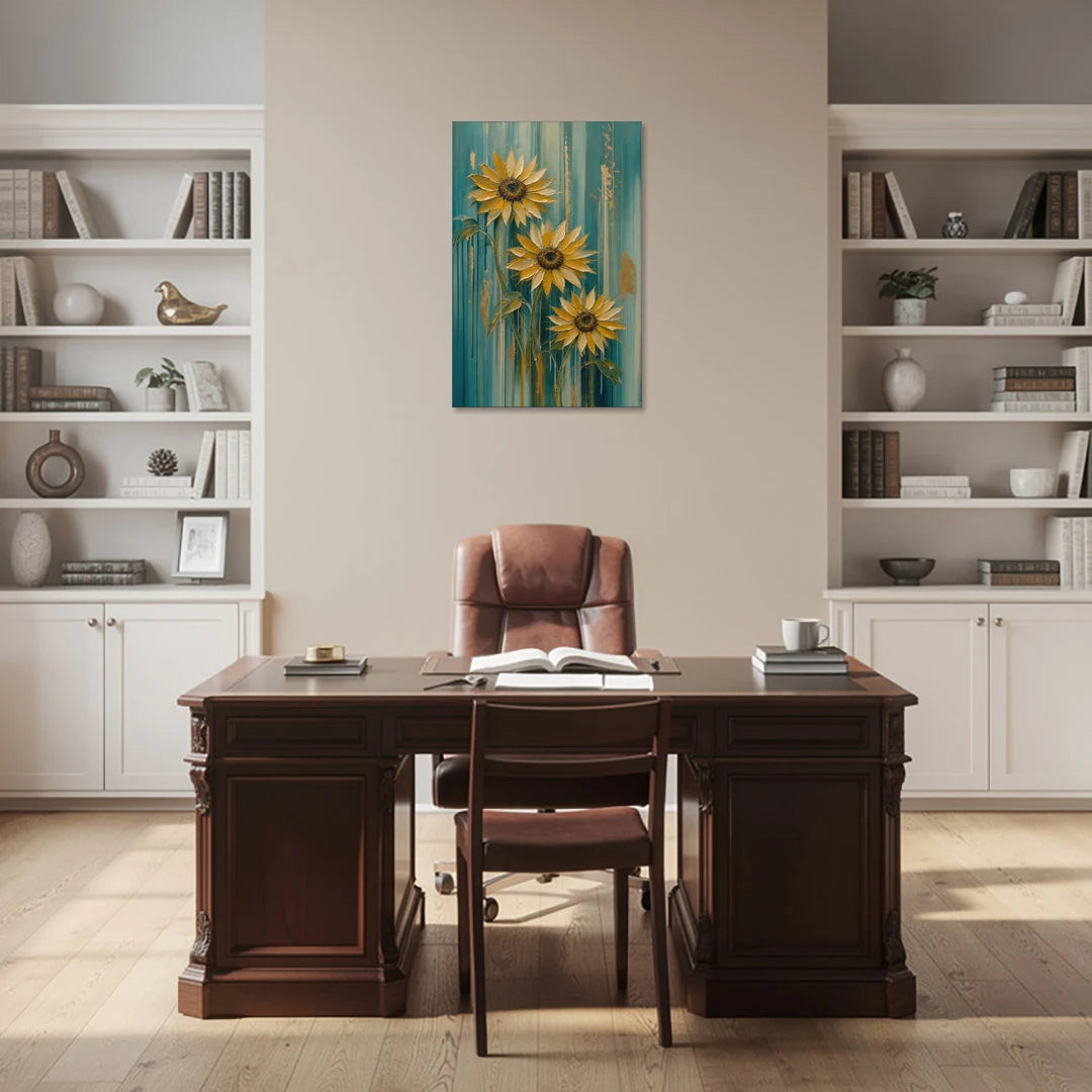 Textured Sunflower Painting in Teal and Gold - Canvas Wall Art - Office - 24x36