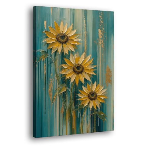 Textured Sunflower Painting in Teal and Gold - Canvas Wall Art