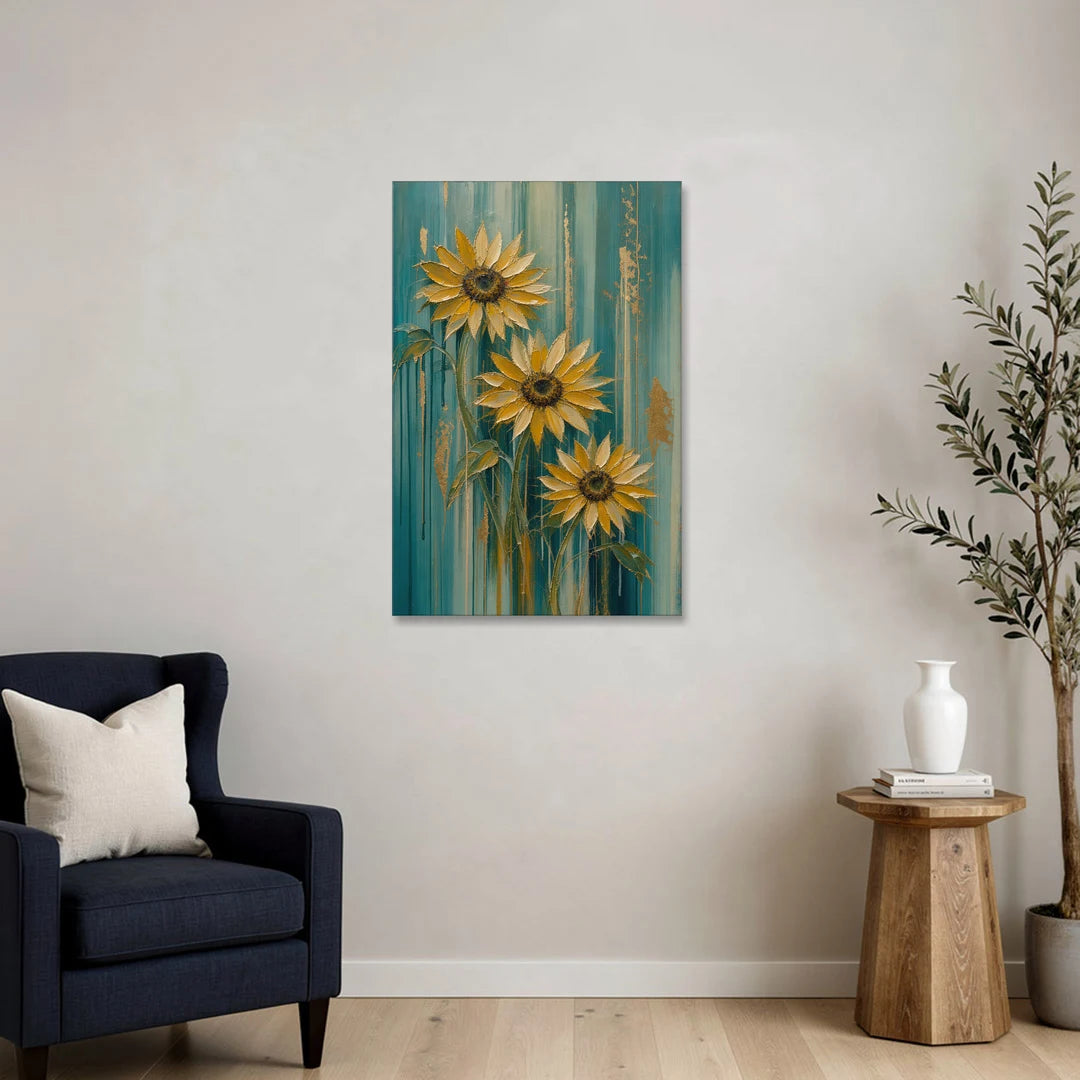 Textured Sunflower Painting in Teal and Gold - Canvas Wall Art - Sofa - 24x36