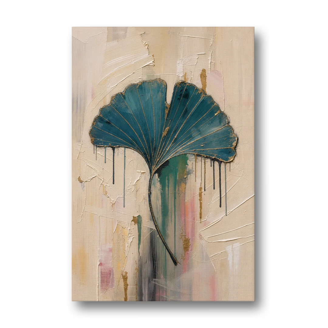 Textured Teal Ginkgo Leaf on Cream - Canvas Wall Art - Front