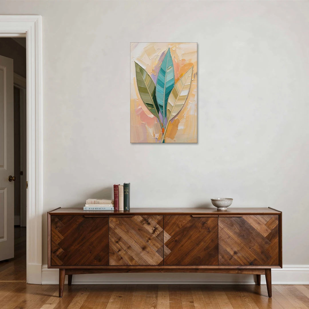 Three Neutral Textured Leaves in Sage and Teal - Canvas Wall Art - Coffee Table - 24x36