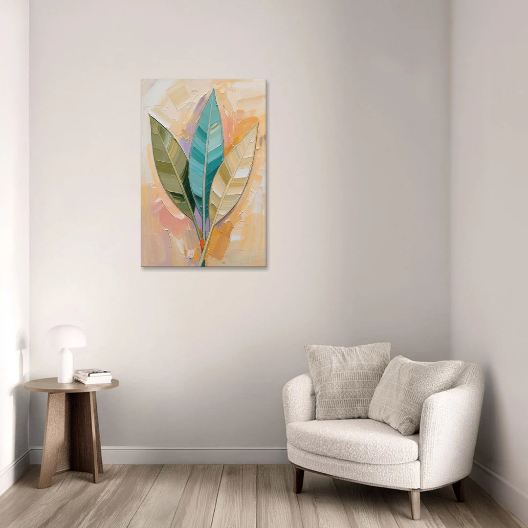 Three Neutral Textured Leaves in Sage and Teal - Canvas Wall Art - Sofa - 24x36