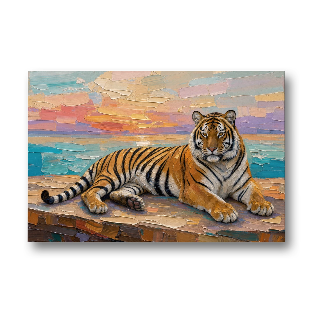 Tiger Art Print on the Sunset Ledge - Canvas Wall Art - Front