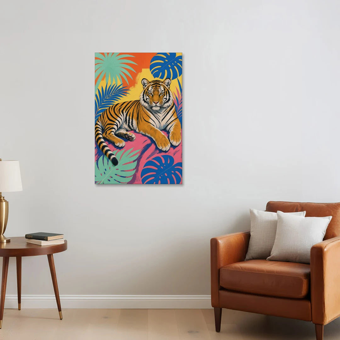 Tiger Lounging Among Monstera and Palms - Canvas Wall Art - Sofa - 24x36