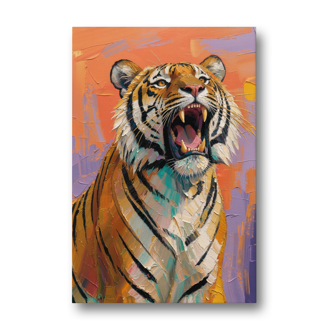 Tiger Oil Painting Roaring Skyward - Canvas Wall Art - Front