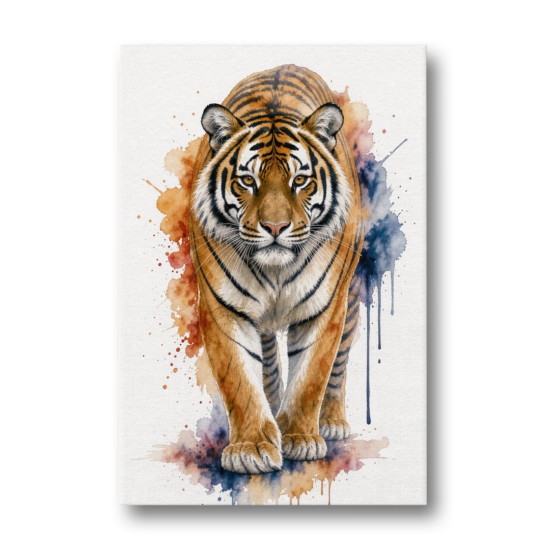 Tiger Watercolor Painting in Indigo Bloom - Canvas Wall Art - Front