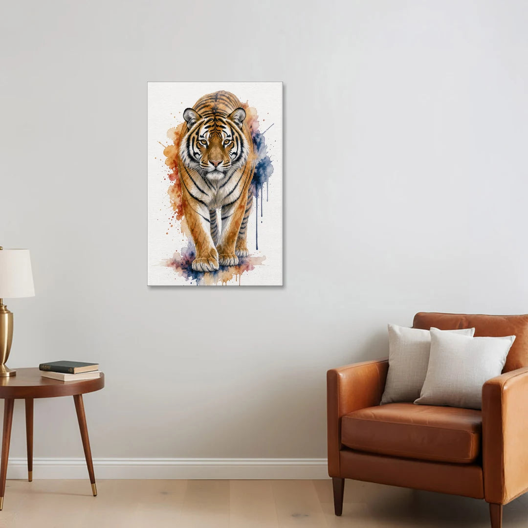 Tiger Watercolor Painting in Indigo Bloom - Canvas Wall Art - Sofa - 24x36