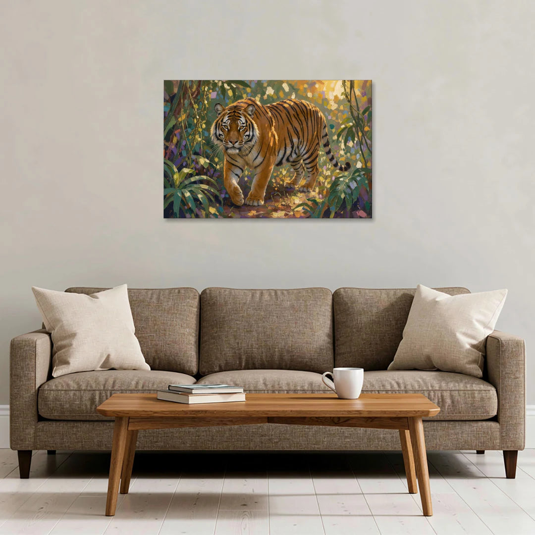 Tiger in Jungle Painting at Golden Hour - Canvas Wall Art - Sofa - 36x24