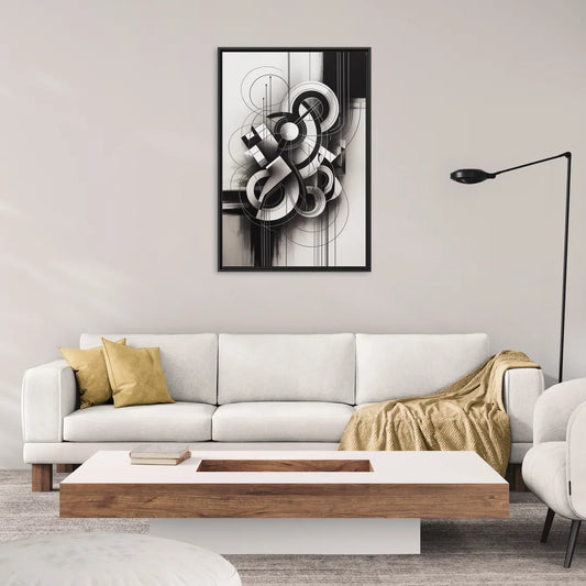 Timeless Geometric Fluidity Black and White Abstract - Living Room Black Frame Canvas